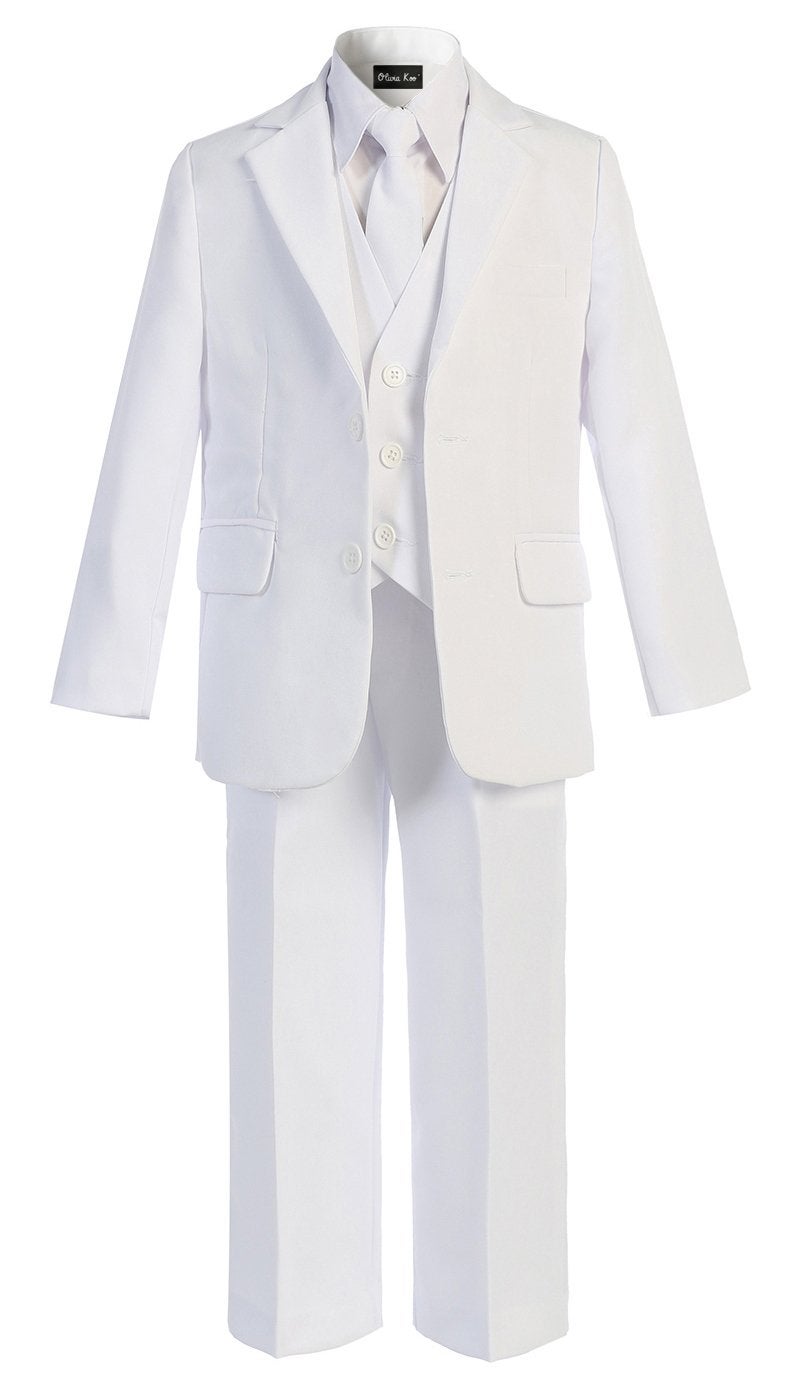 OLIVIA KOO Boys Solid 5-Piece Formal Suit Set With Matching Neck Tie,White,5 - Image 1